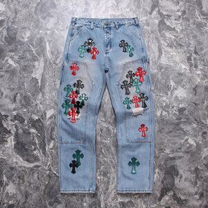 Chrome Heart Cross Leather Logo Embroidered Jeans